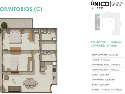 Departamento de 2 dormitorios en Unico Golf Fisherton