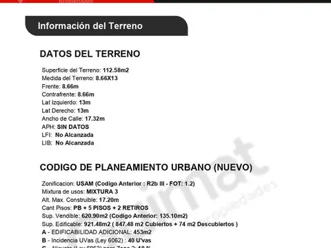 Terreno en Venta 13  mts Frente