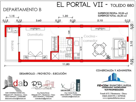 Departamento 2 ambientes con 1 baño