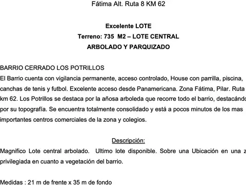 Espectacular Lote central y arbolado 735 m2 Barrio Los Potrillos