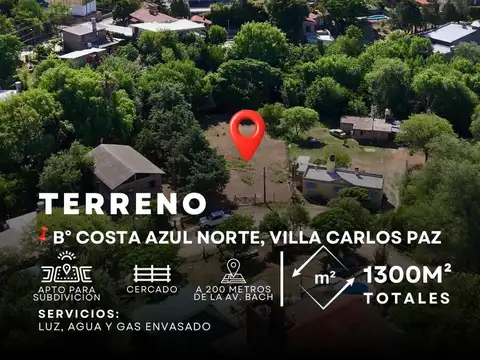 Venta de TERRENO PLANO DE 1300m². COSTA AZUL NORTE,  CARLOS PAZ