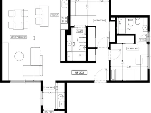 Departamento 3 ambientes con 2 baños