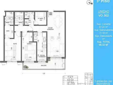 Departamento 3 ambientes con 3 baños