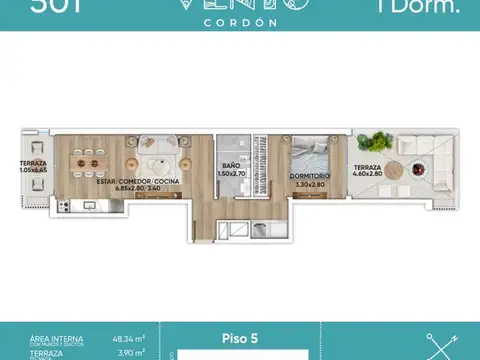 Venta tipo Penthouse  1 dorm con garage en Cordón