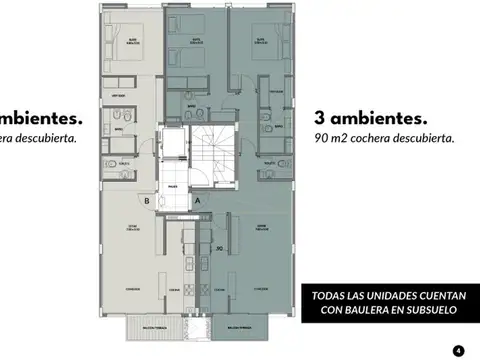 Departamento 2 ambientes con 2 baños