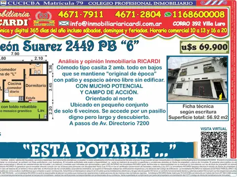 ESTA POTABLE..Tipo casa PB 2 amb. gran patio + espacio aereo