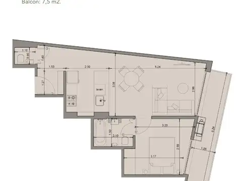 Departamento 2 ambientes con 2 baños