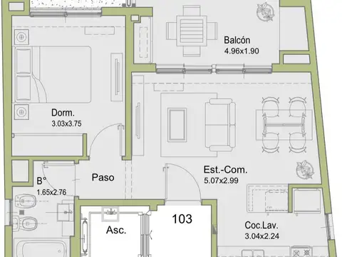 Departamento 2 ambientes con 1 baño