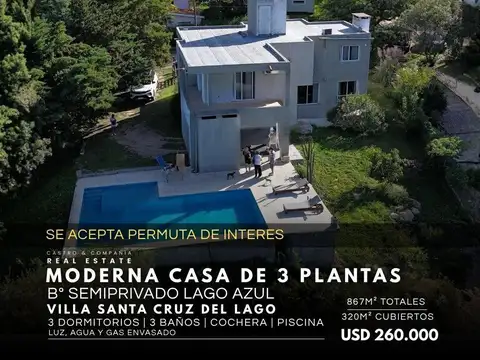 Venta Casa de 3 Dormitorios Pileta Hidromasaje En Semi Privado Lago Azul - Villa Santa Cruz del Lago