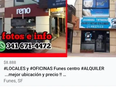 #ALQUILER  Funes Centro  "LOCALES y OFICINAS" AMPLIOS  divisibles ,  Wsp: 72