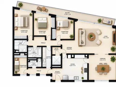Departamento 4 ambientes con 3 baños