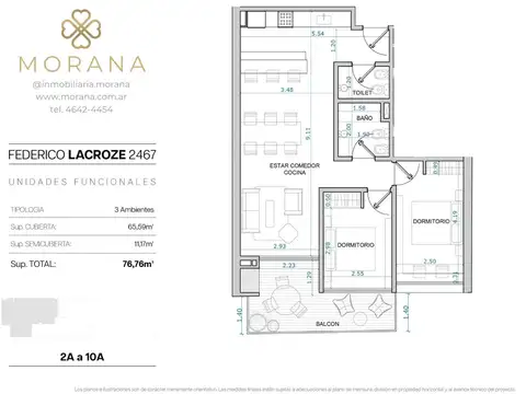 Departamento 3 ambientes | Al frente | Toilette | Balcón | Belgrano - 2A