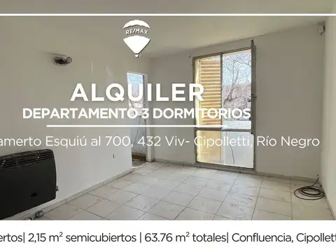 ALQUILER DEPARTAMENTO 3 DORMITORIOS EN CIPOLLETTI