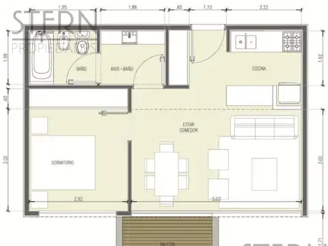 Departamento 2 ambientes con 1 baño