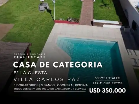 Venta Casa De Categoría 3 Dormitorios Con Piscina Todos Los Servicios En La Cuesta, Villa Carlos Paz