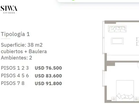 Departamento 2 ambientes con 1 baño