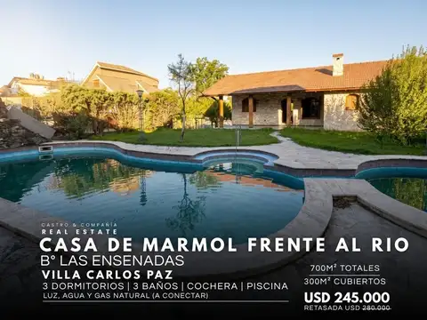 Casa De Marmol Blanco 3 Dormitorios Con Piscina Frente Al Rio En Las Ensenadas, Villa Carlos Paz