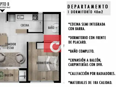 Departamento en Venta de 1 dormitorio