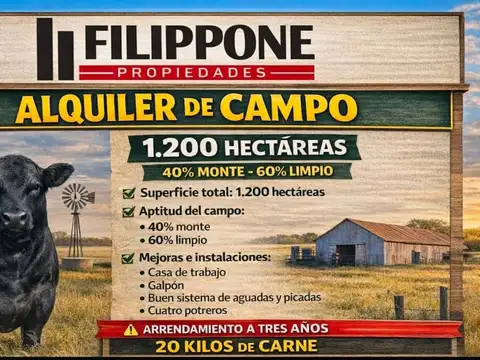 Campo de 1200has en alquiler en la localidad de Algarrobo