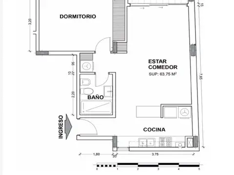 Departamento 2 ambientes con 1 baño