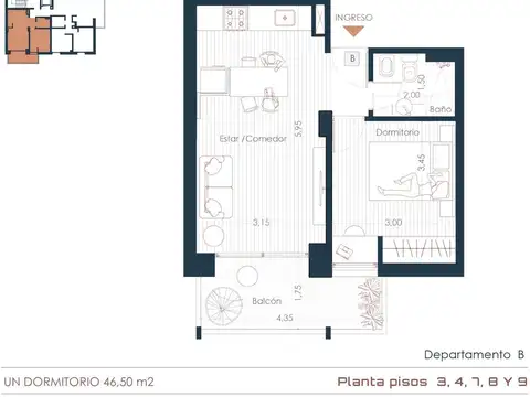 Departamento 2 ambientes con 1 baño