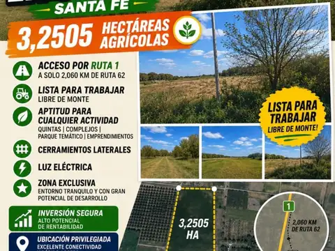 OPORTUNIDAD UNICA VENDE EN CAYASTA SANTA FE 3,2505 HECTAREAS AGRICOLAS.