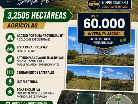 OPORTUNIDAD UNICA VENDE EN CAYASTA SANTA FE 3,2505 HECTAREAS AGRICOLAS. SE ACEPTA CAMIONETA