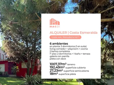 Excelente Casa en Alquiler amoblada en el barrio Residencial I de Costa Esmeralda.