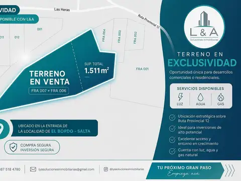 EN VENTA TERRENO LOCALIDAD EL BORDO