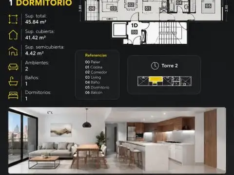 Departamento 2 ambientes con 1 baño