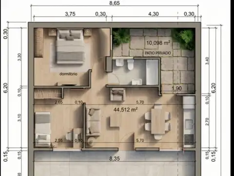 Depto Tipo Casa 2 ambientes con 1 baño