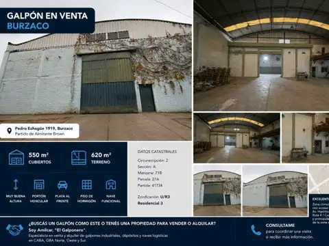Galpón en Venta en Burzaco | 550 m² Cubiertos | Excelente Altura y Playa al Frente