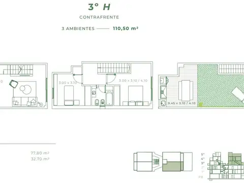 Depto Tipo Casa 3 ambientes con 1 baño