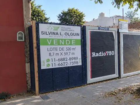 Terreno de 520 m² con 8,7 m de frente y 59,7 m de fondo