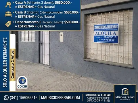 ALQUILER en perez. Casa-Departamento 1 y 2 dormitorios a estrenar. Alem 1365 (entre Lavalle y Las Heras)