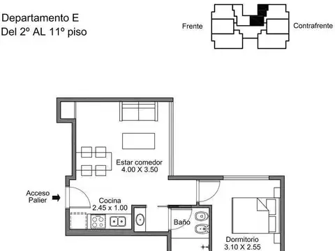 Departamento 2 ambientes con 1 baño