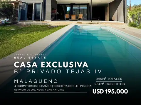 Venta Casa de 4 Dormitorios Pileta y Cochera con Gas Natural En Barrio Privado Tejas 4 – Malagueño