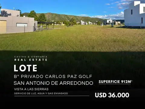 Venta Lote de 912 m2 En Country Carlos Paz Golf San Antonio De Arredondo