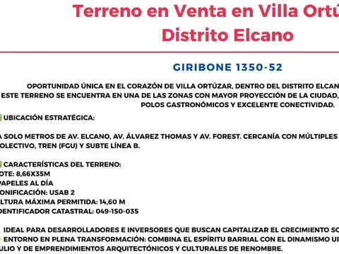 Terreno en Venta en Villa Ortuzar, USD 530.000