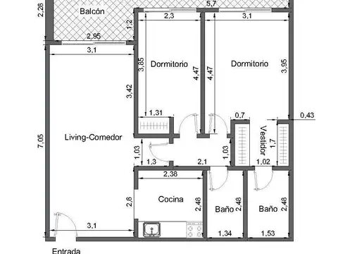 Departamento 3 ambientes con 2 baños