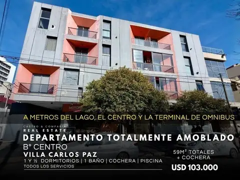 Venta Departamento Amoblado De 1 Y 1/2 Dormitorios Con Cochera En El Centro De Villa Carlos Paz