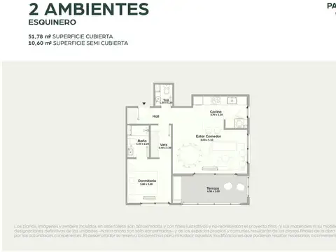 Departamento 2 ambientes con 1 baño