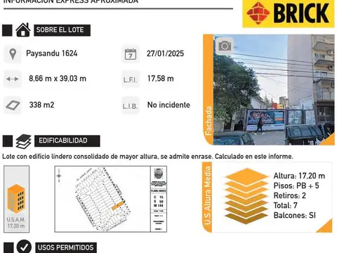 LOTE DE 8.66X39 MTS EN PAYSANDU AL 1600 - A CONSTRUIR 1710 M2 CUB Y BALCONES - VILLA CRESPO