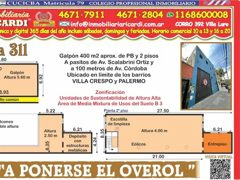 A PONERSE EL OVEROL..Galpón 400 m2 cub PB y 2 pisos