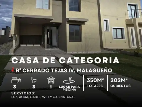 SE VENDE PROPIEDAD DE CATEGORÍA A ESTRENAR  B° CERRADO TEJAS IV. MALAGUEÑO.