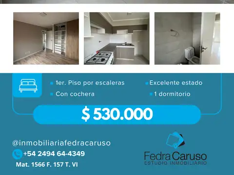 Departamento de 1 dormitorio con cochera.