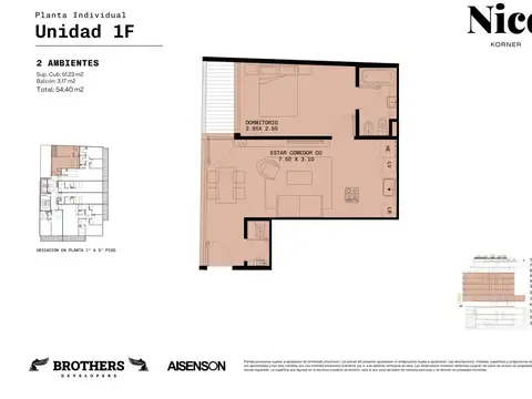Departamento 2 ambientes con 2 baños