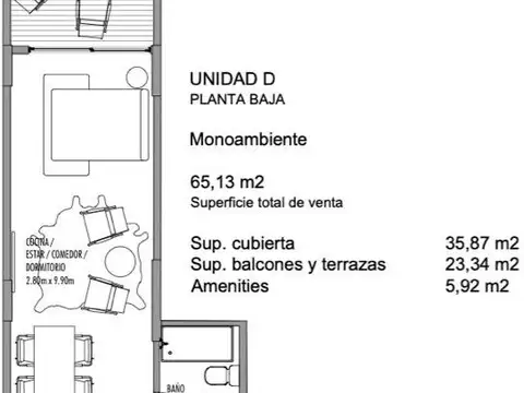 Departamento Monoambiente con 1 baño