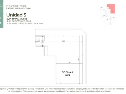 Venta en pozo oficina de 55 m2, co balcón Doral Centro Comercial, Avda Italia, Villanueva
