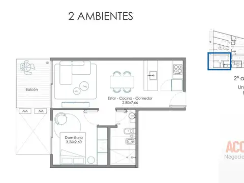 Departamento 2 ambientes con 1 baño